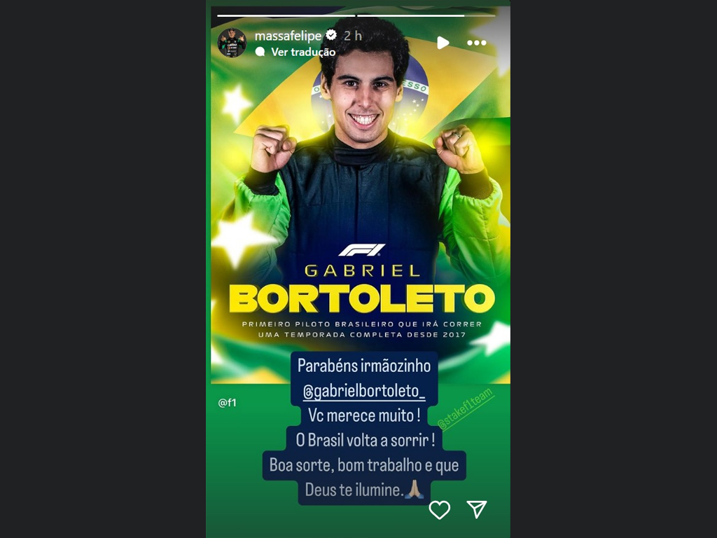 Massa parabenizou Bortoleto em post no story do Instagram (Reprodução)