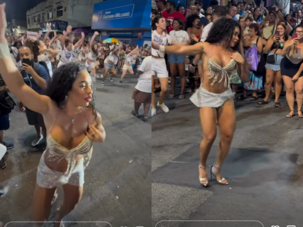 Quem nunca? Ex-rainha da Beija-Flor explica top arrebentado em ensaio de rua