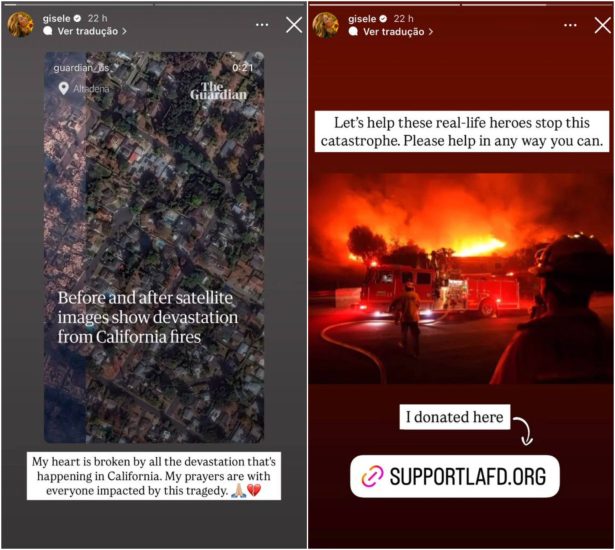 Gisele Bündchen se solidariza e faz doação para vítimas dos incêndios na Califórnia