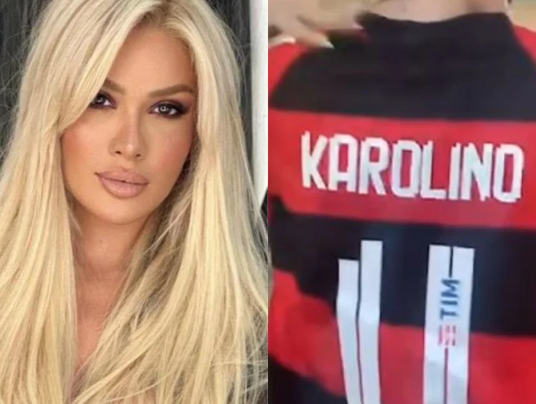 Entrando na brincadeira, Karoline prestigia Léo Pereira com blusa: “Karolino”