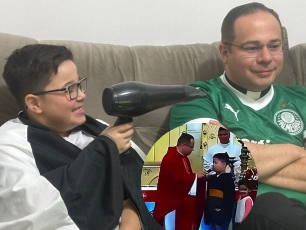 Menino que “secou” o Palmeiras na igreja e viralizou assistiu à eliminação com padre torcedor