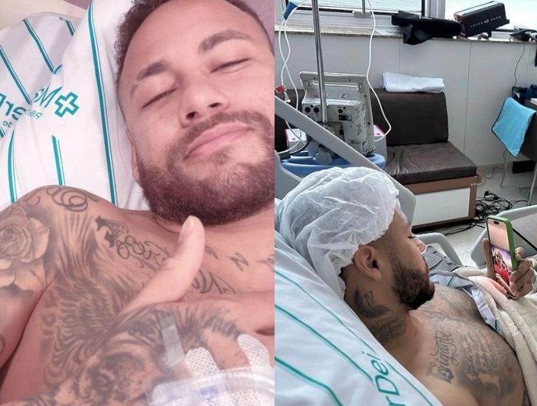 Neymar tranquiliza fãs e posta foto no hospital após cirurgia