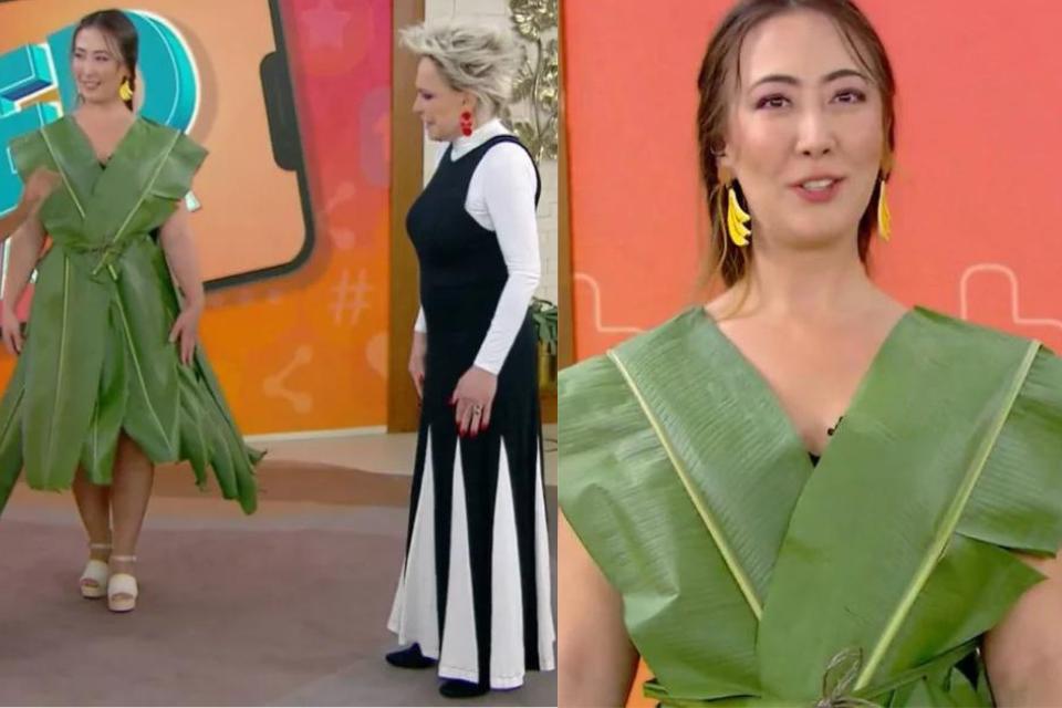 Repórter vestida com folhas de bananeira choca Ana Maria Braga