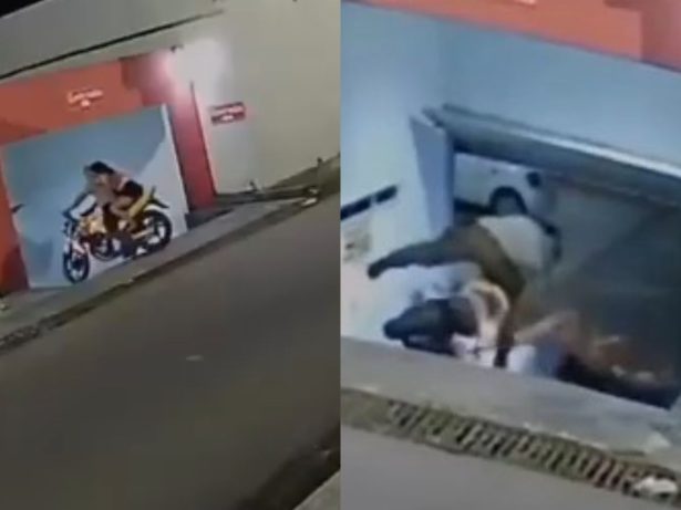 Segura, peão! Casal viraliza por cair várias vezes de moto na garagem de motel