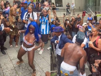 Fãs de P. Diddy comemoram inocência parcial com óleo de bebê na porta do tribunal
