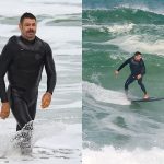 Cauã Reymond enfrenta o frio e o mar ressacado e surfa na Barra da Tijuca