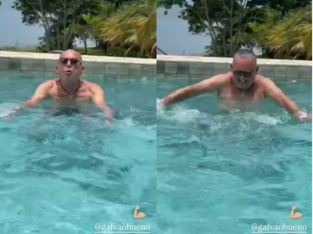 Em recuperação da pneumonia, Galvão Bueno treina na piscina e mostra evolução