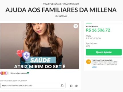 Família de Millena Brandão cria vaquinha para arcar com custos durante internação