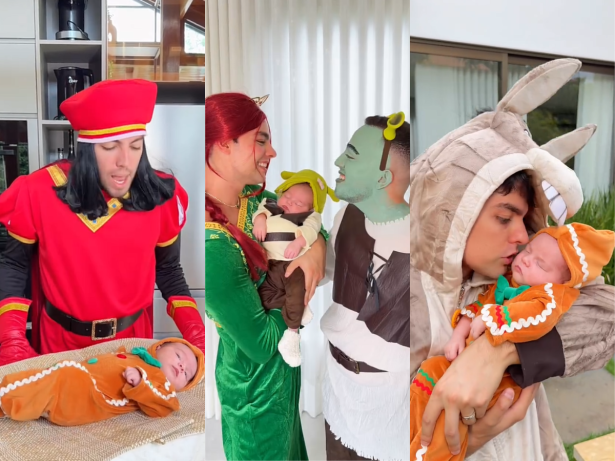 Lucas Rangel e Lucas Bley comemoram primeiro mês da filha com tema de “Shrek”