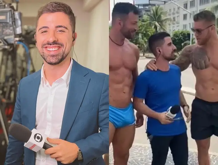 Repórter da Globo leva susto ao ser abordado por atores pornôs seminus