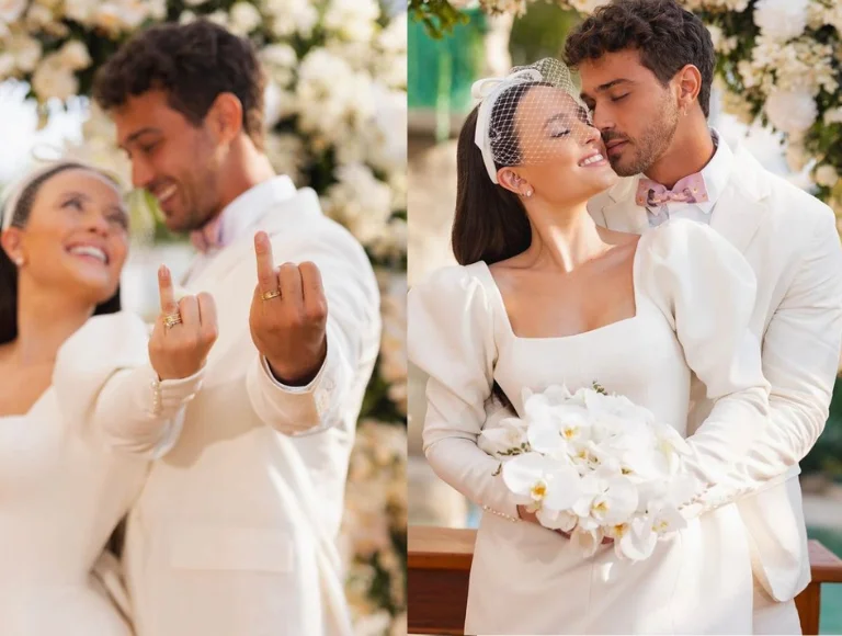Sem a família, Larissa Manoela posta fotos de cerimônia de casamento com noivo