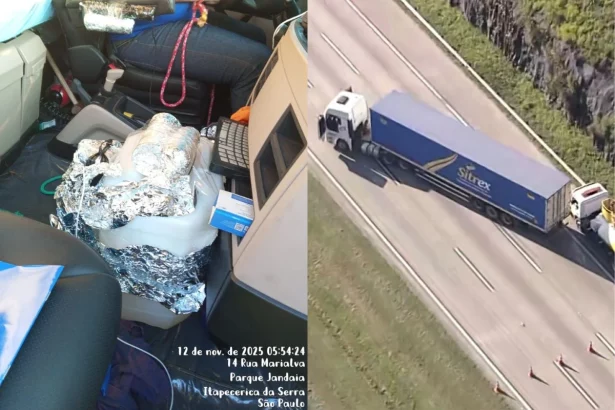 Motorista é resgatado amarrado a supostos explosivos em carreta que bloqueia rodoanel em SP