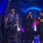 Matheus, Jorge, Hugo, Guilherme e George Henrique sobem ao palco juntos em festa