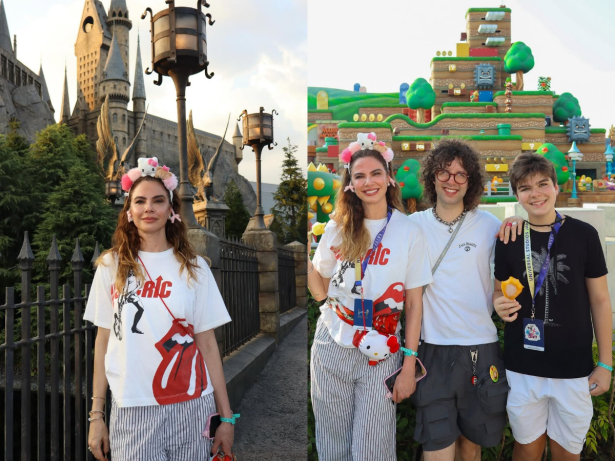 No Japão, Gimenez se diverte nos parques temáticos de Harry Potter e Mario Bros com os filhos