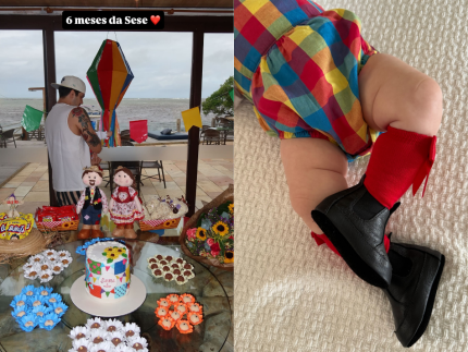 Luan Santana e Jade comemoram seis meses de Serena em clima de Festa Junina