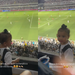 Mavie rouba a cena ao vibrar pelo pai, Neymar, em jogo do Santos