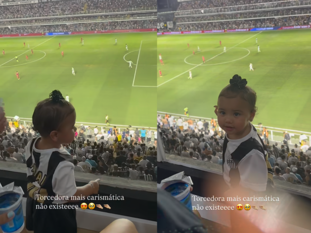 Mavie rouba a cena ao vibrar pelo pai, Neymar, em jogo do Santos