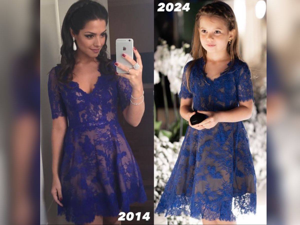 Thais com o vestido em 2014 e Melinda com ele em 2024 / Reprodução Instagram