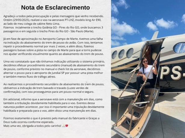 Piloto de avião que levava Lívia Andrade detalha falha no trem de pouso e manobra de emergência