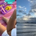 Bruna Biancardi registra piquinique com Mavie na orla de Santos