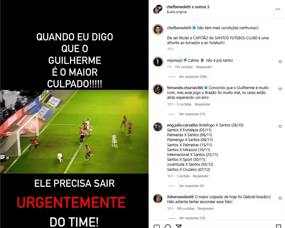 Em outra publicação, no entanto, o camisa 10 do Santos defendeu Guilherme / Reprodução Em outra publicação, no entanto, o camisa 10 do Santos defendeu Guilherme / Reprodução