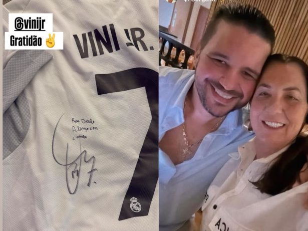Namorado da mãe de Virginia ganha camisa do Real Madrid autografada por Vini Jr.