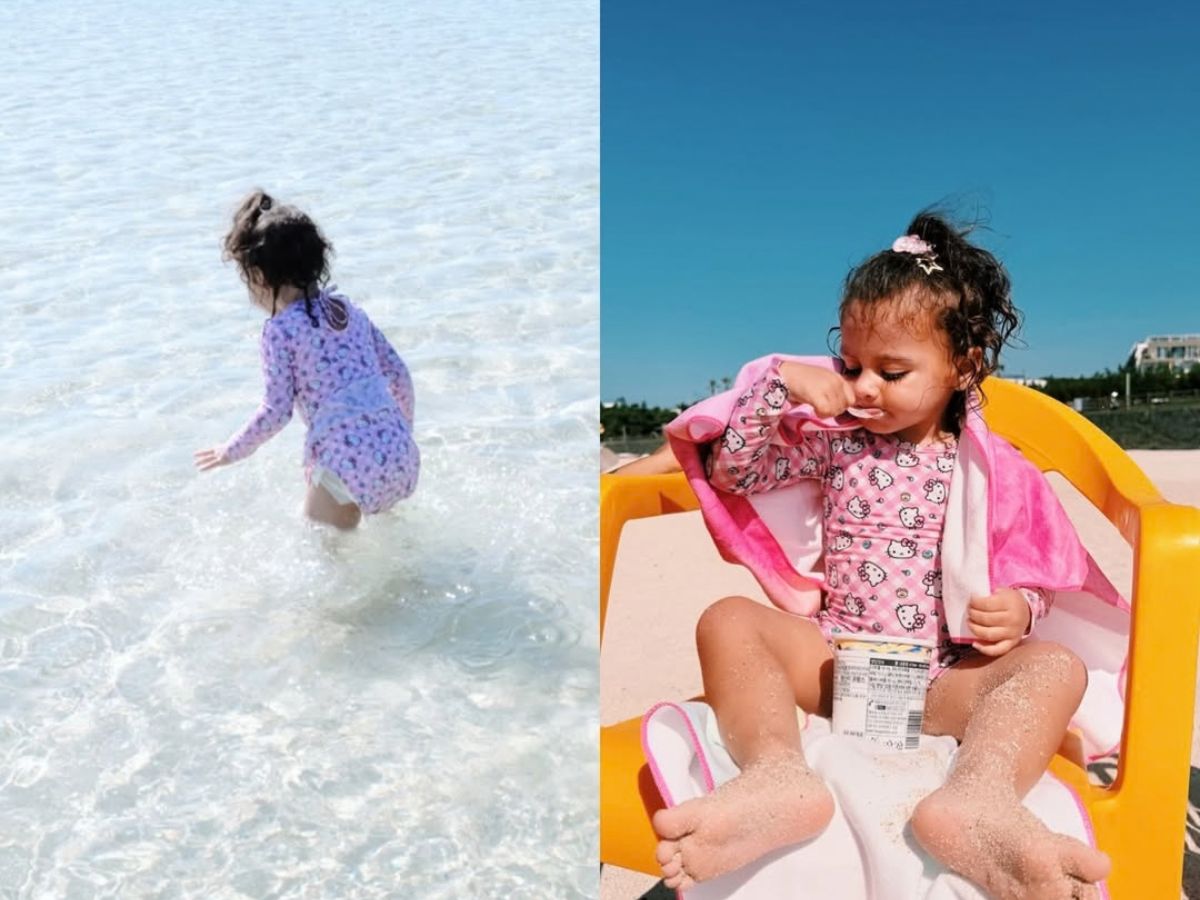 Helena, filha de Neymar, se diverte em praia da Coreia do Sul em viagem com a mãe