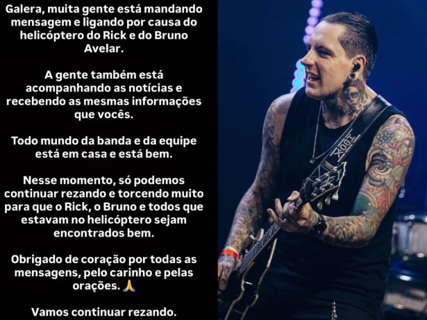 Guitarrista de Rick & Renner se manifesta após desaparecimento de helicóptero: “continuar rezando”