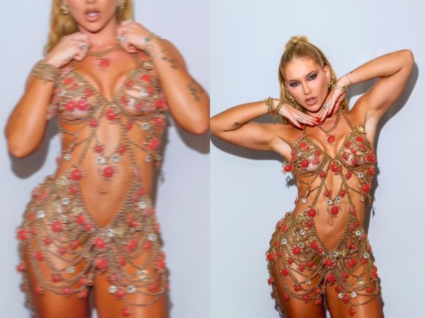 Virginia brilha com vestido banhado a ouro e 100 caranguejos no ensaio da Grande Rio