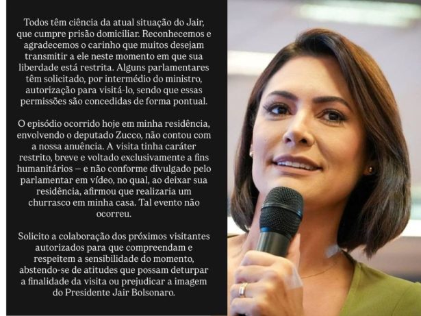 Michelle Bolsonaro nega churrasco anunciado por Zucco durante visita a Bolsonaro