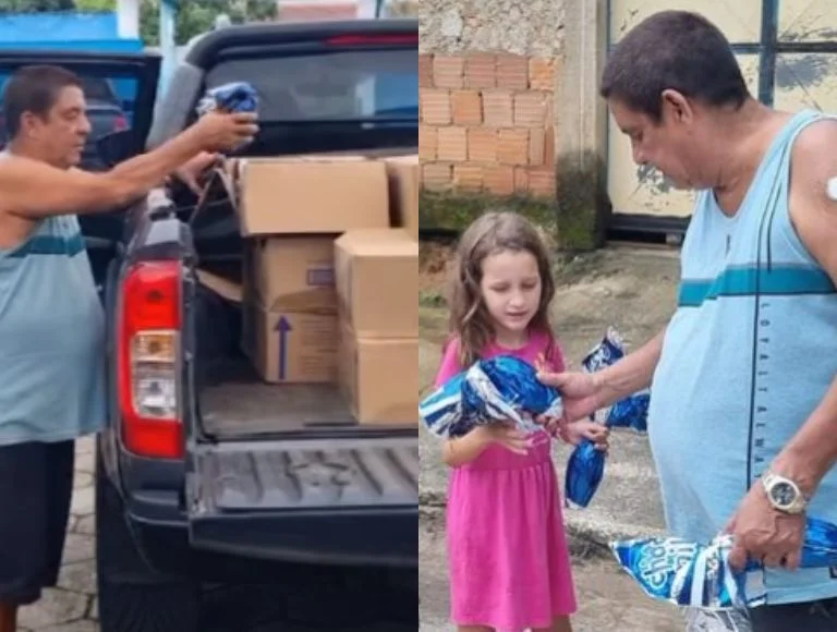 Zeca Pagodinho distribui ovos de Páscoa em Xerém, no Rio